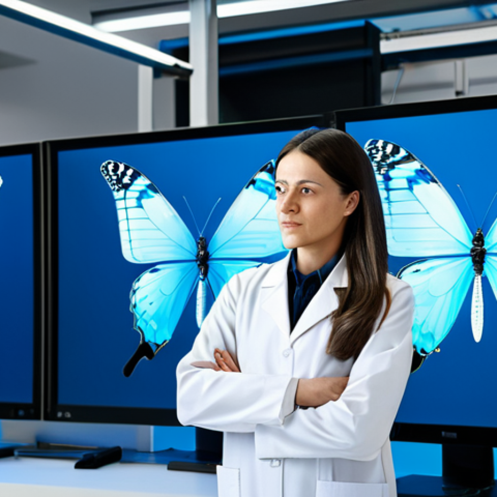 A professional female engineer, dressed in a modest, smart lab coat, stands thoughtfully in a cutting-edge biomimicry research lab. She is examining a digital rendering of a morpho butterfly wing structure on a large transparent display. In the background, sophisticated 3D printers are at work, creating prototypes inspired by nature. The lab is brightly lit, showcasing an atmosphere of innovation and discovery. fully clothed, appropriate attire, safe for work, appropriate content, perfect anatomy, correct proportions, natural pose, well-formed hands, proper finger count, natural body proportions, professional, family-friendly, high quality, studio lighting, ultra-detailed.
