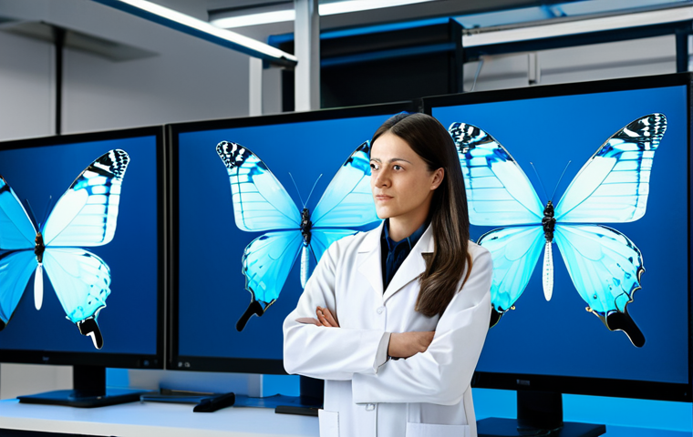 A professional female engineer, dressed in a modest, smart lab coat, stands thoughtfully in a cutting-edge biomimicry research lab. She is examining a digital rendering of a morpho butterfly wing structure on a large transparent display. In the background, sophisticated 3D printers are at work, creating prototypes inspired by nature. The lab is brightly lit, showcasing an atmosphere of innovation and discovery. fully clothed, appropriate attire, safe for work, appropriate content, perfect anatomy, correct proportions, natural pose, well-formed hands, proper finger count, natural body proportions, professional, family-friendly, high quality, studio lighting, ultra-detailed.