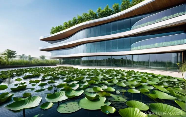 생체모방 기술의 진화  과거와 현재 - **Prompt: A futuristic, sleek architectural building with a self-cleaning facade, inspired by the lo...