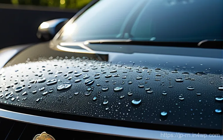 생체모방 기술과 나노 기술의 융합 - **Prompt: "A close-up, dynamic shot of a car's sleek, dark exterior, demonstrating an advanced super...