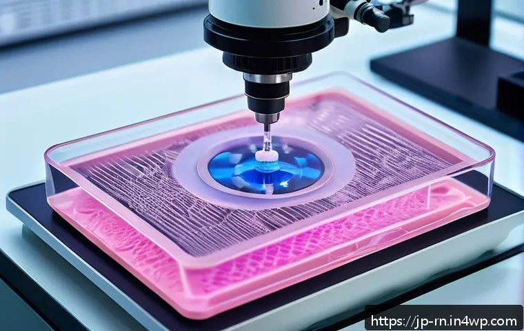 생체모방 기술과 생명과학의 융합 - A highly detailed close-up of a cutting-edge 3D bioprinter in action within a modern Japanese labora...