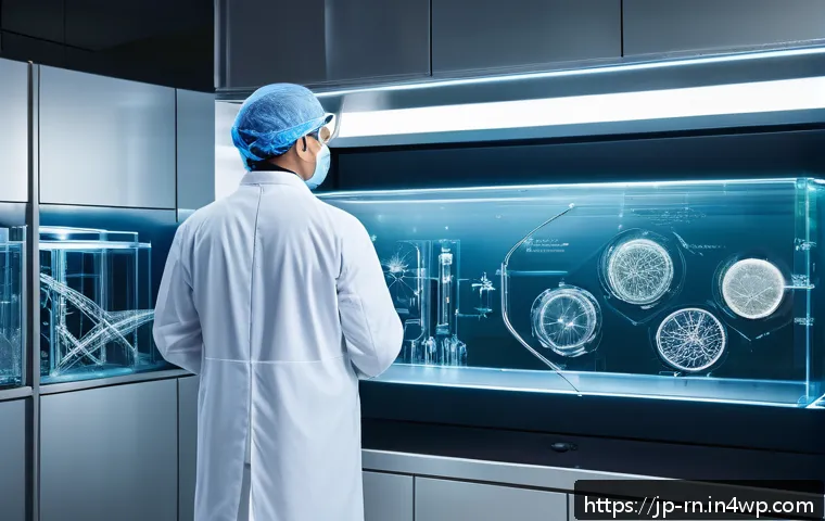 생체모방 기술의 발전과 미래 전망 - A futuristic medical laboratory scene showcasing bioinspired materials: a close-up of artificial lig...