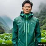 Home 23 생체모방 혁신에 대한 소비자 인식 조사 - A modern outdoor scene featuring a person wearing high-tech waterproof outdoor clothing inspired by ...