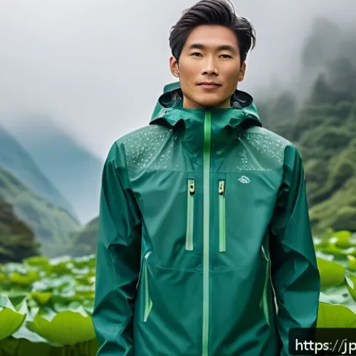 Home 29 생체모방 혁신에 대한 소비자 인식 조사 - A modern outdoor scene featuring a person wearing high-tech waterproof outdoor clothing inspired by ...