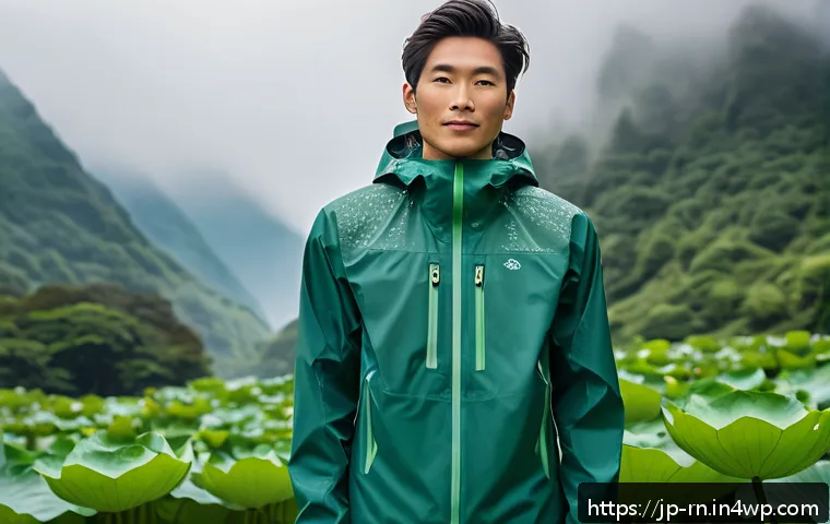 생체모방 혁신에 대한 소비자 인식 조사 - A modern outdoor scene featuring a person wearing high-tech waterproof outdoor clothing inspired by ...